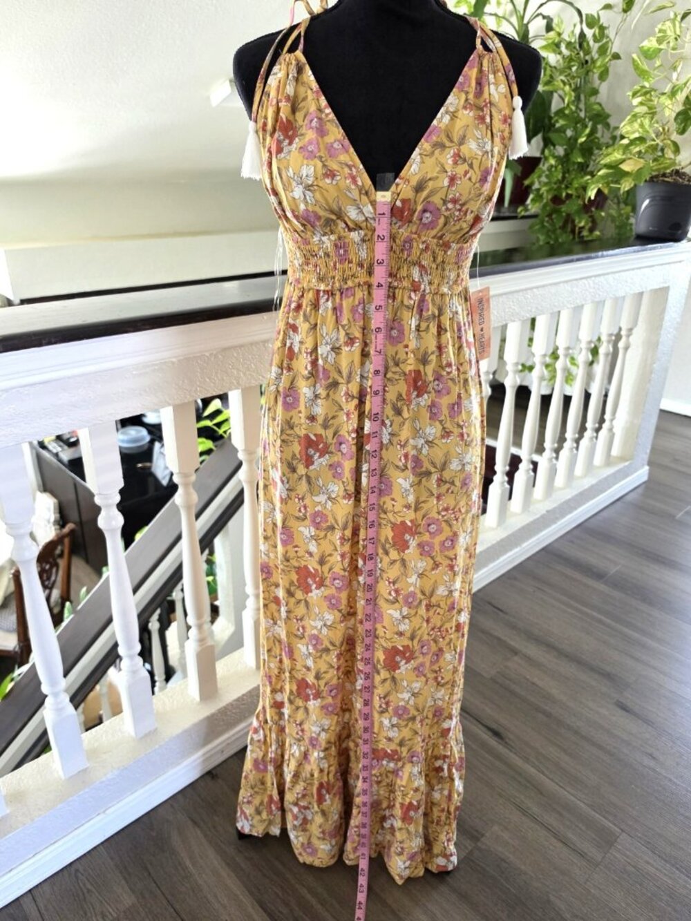 Inspired Hearts Yellow Floral V-Neck Tassel Tie Strappy Maxi Dress Womens L - Picture 4 of 10